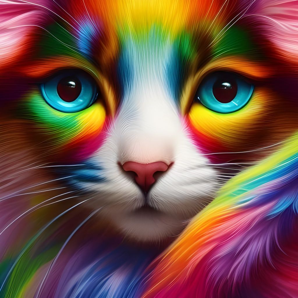 Rainbow Goddess Holding Kitten, Hyperrealistic Digital Art
