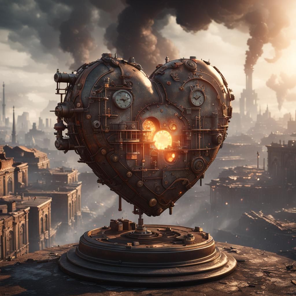 Steampunk Heart in Apocalyptic City, 3D Rendered