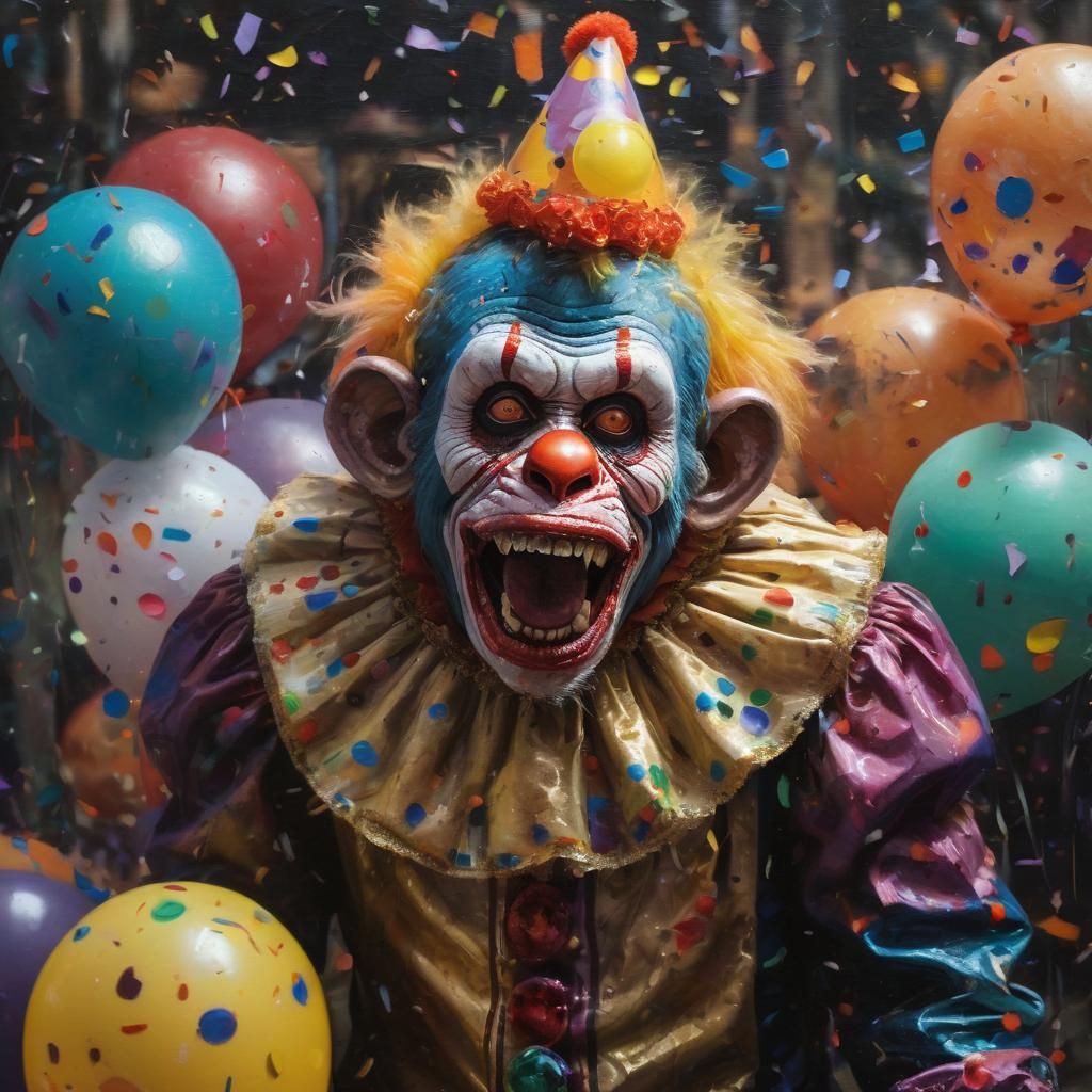 Zombie Clown Monkey at Halloween Party as Impasto Painting