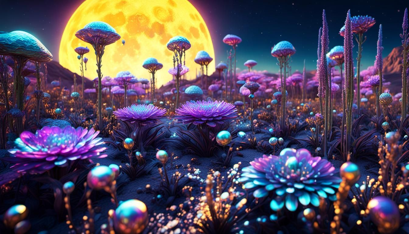 Metallic Alien Flora in a Neon Solarpunk Landscape