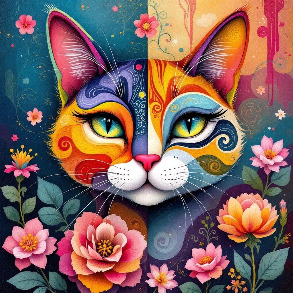 Abstract Cat Portrait with Flowing Lines in Surreal Style