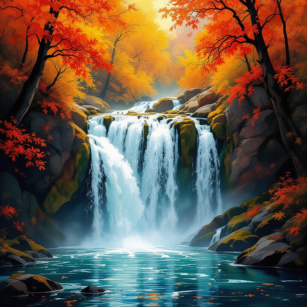 Abstract Autumn Waterfall in Fiery Hues