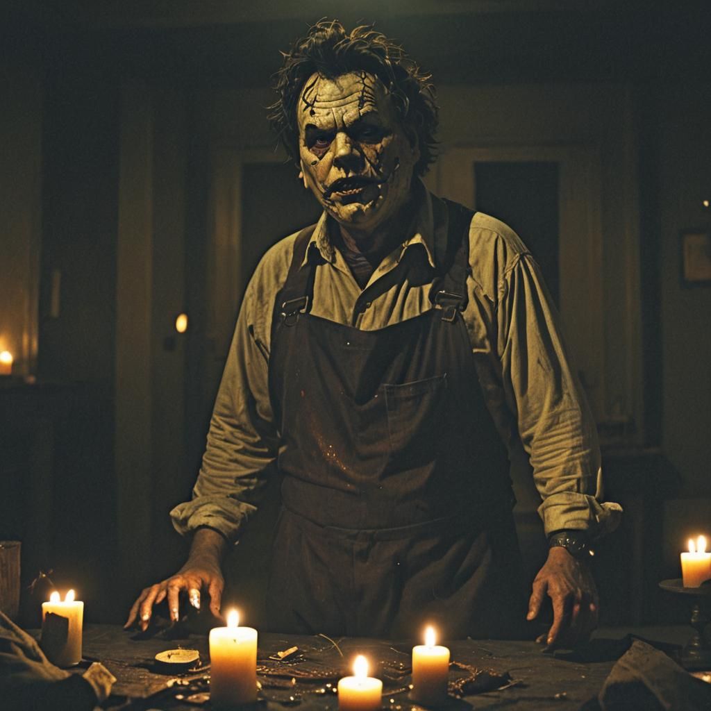 Eerie Candlelit Portrait of Leatherface in Dark Fantasy Styl...