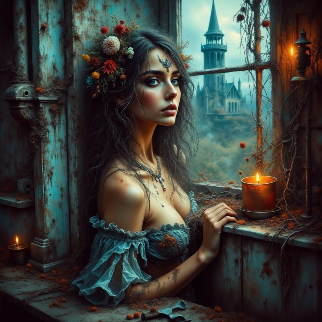 Ghostly Woman Haunting Castle in Splash Art Style