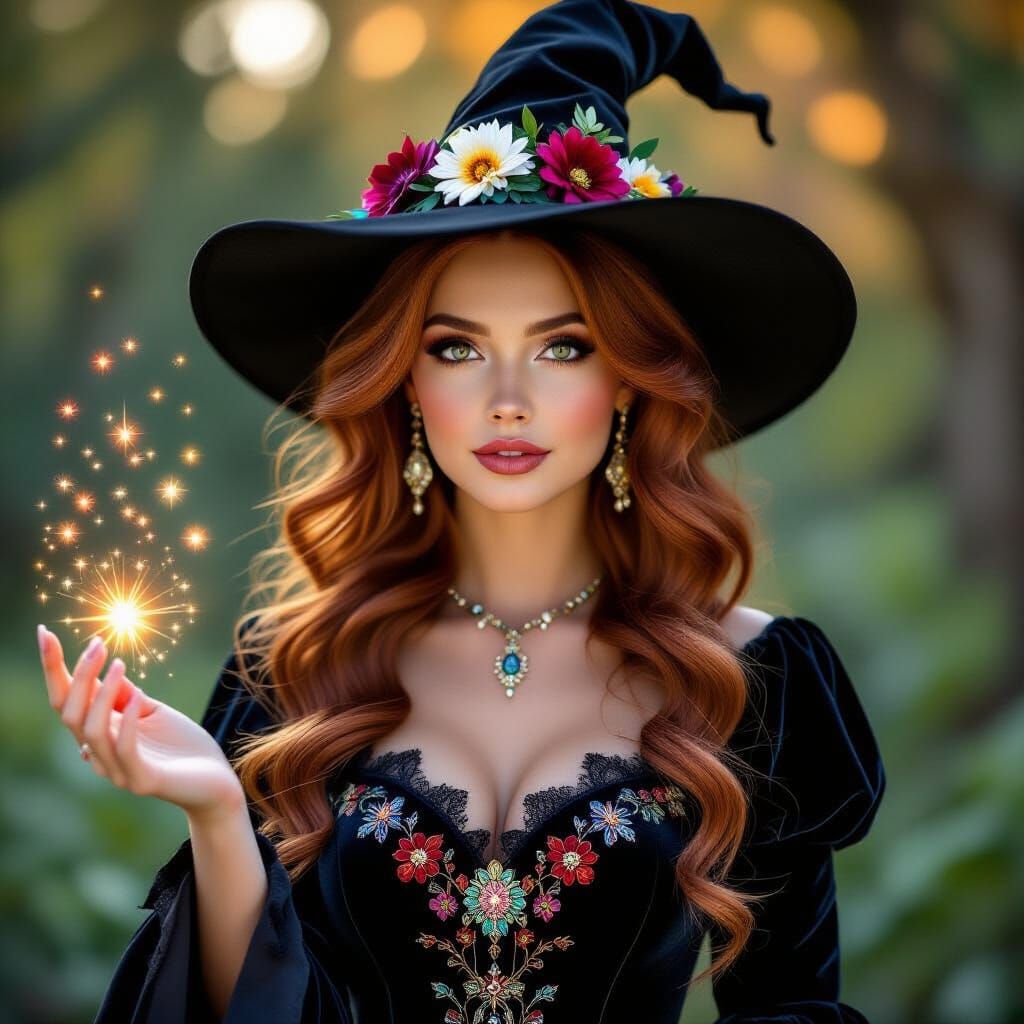 A full-length portrait of a young, beautiful, and fairy tale witch with enchanted Halloween vibes. She has flowing, rich...