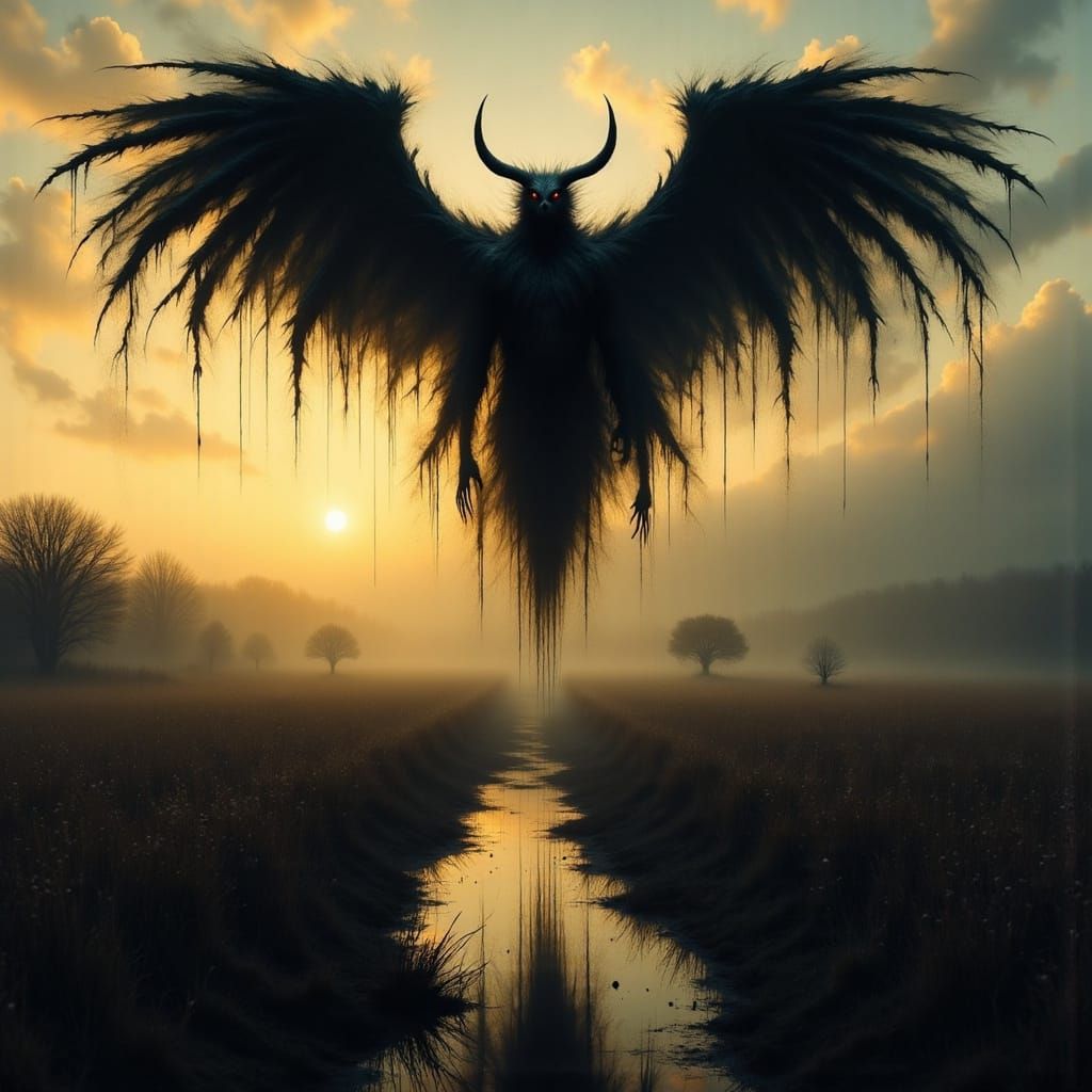 Shadow Demon Flying Through Grassy Farmland at Dusk