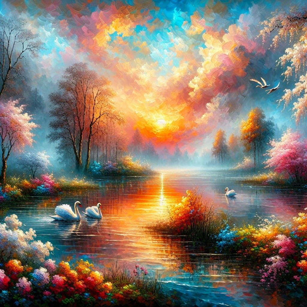 Sunrise Swans on Misty Lake: Impasto Painting