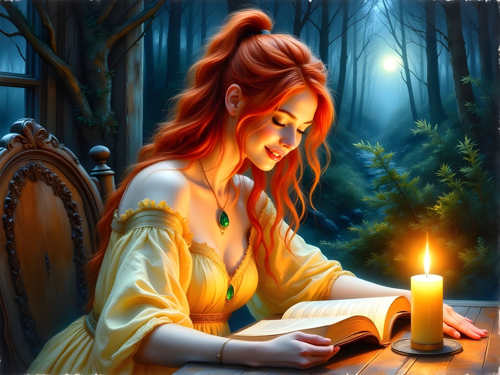 Norse Goddess Reading by Candlelight: Impasto Oil Portrait