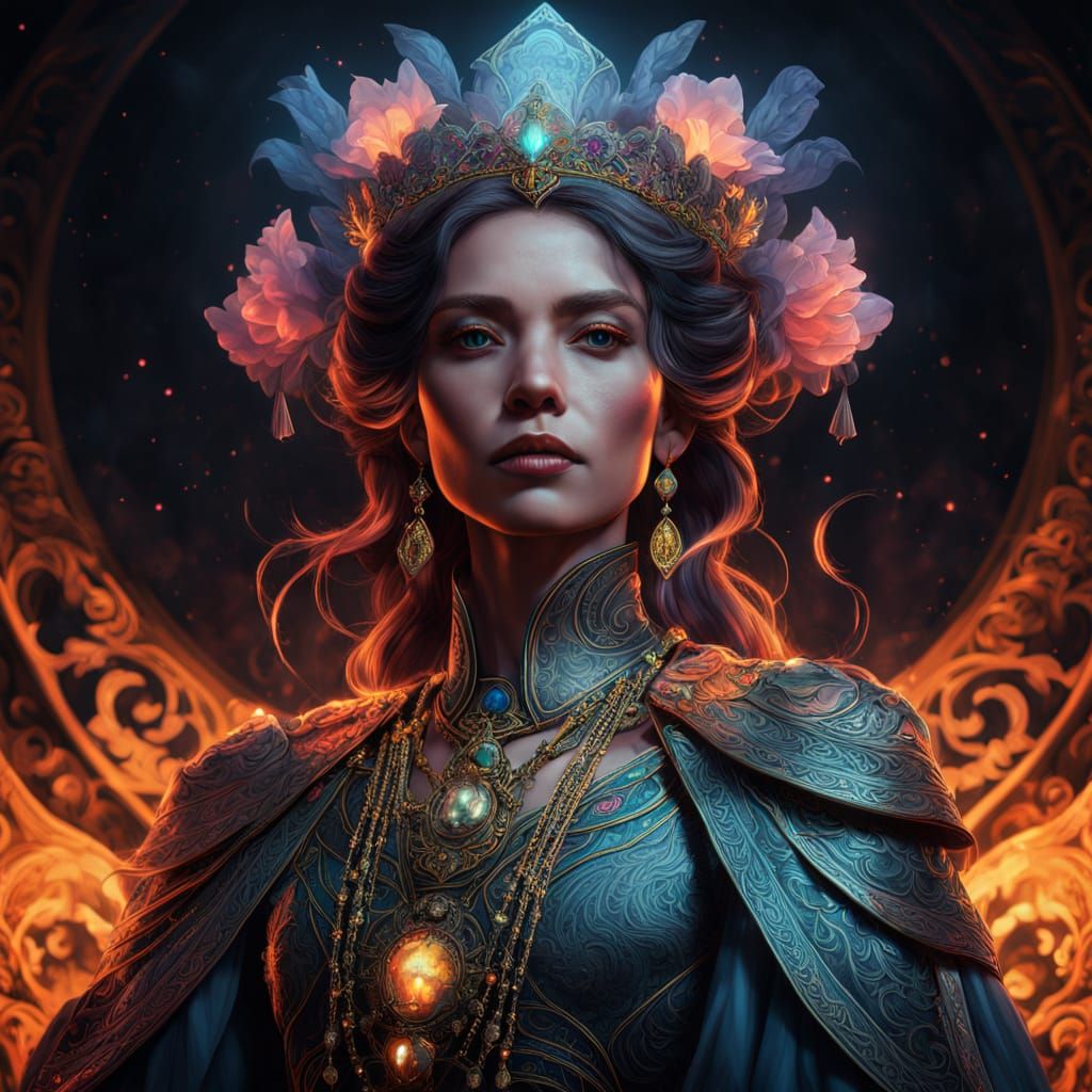 Ethereal Queen in Vibrant, Art Nouveau-Inspired Regalia