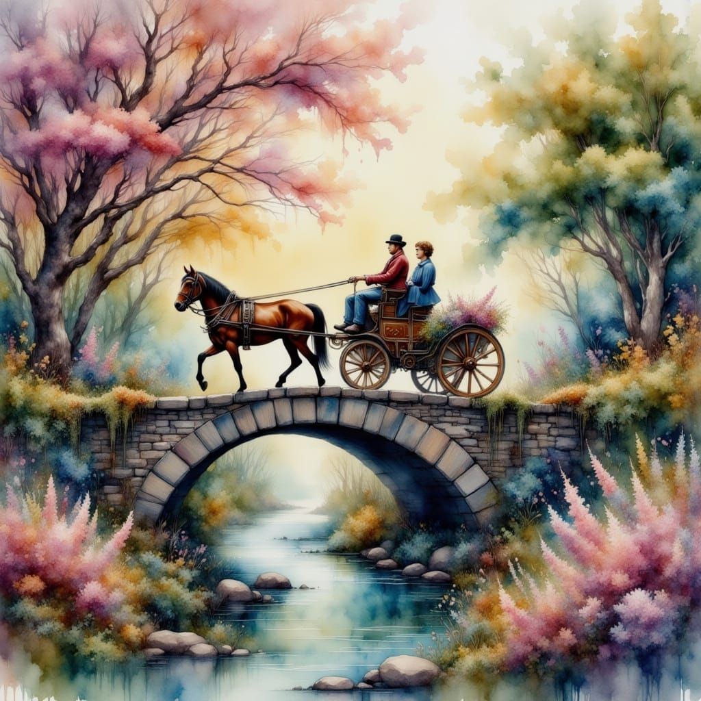 Horse-Drawn Carriage on Stone Bridge in Watercolor