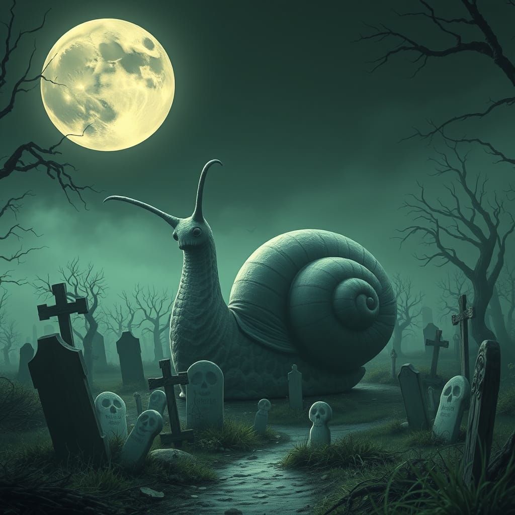 Ghostly Snail in Haunted Cemetery Under Moon