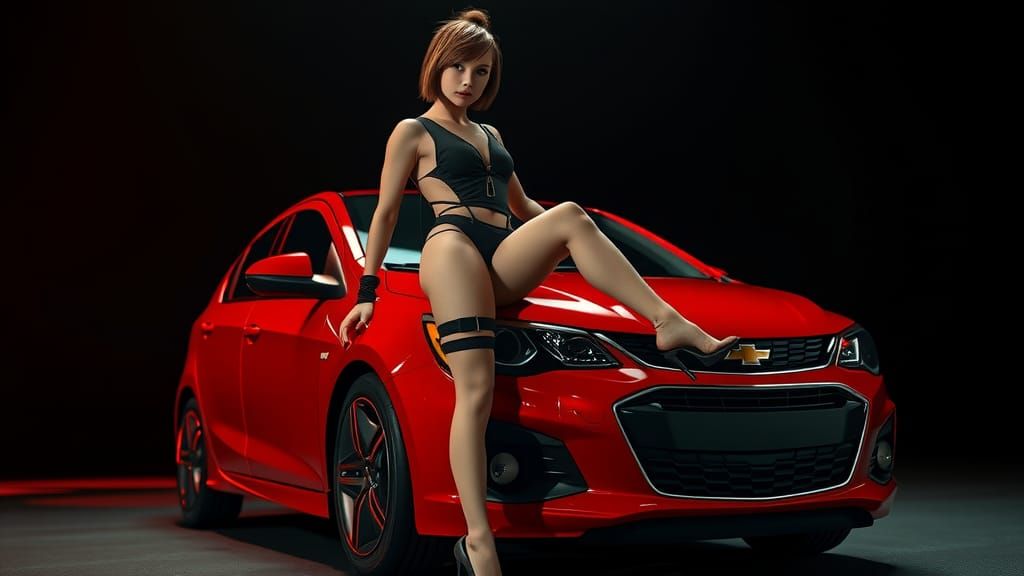 Woman Posing with Car in Hyperrealistic Cinematic Style