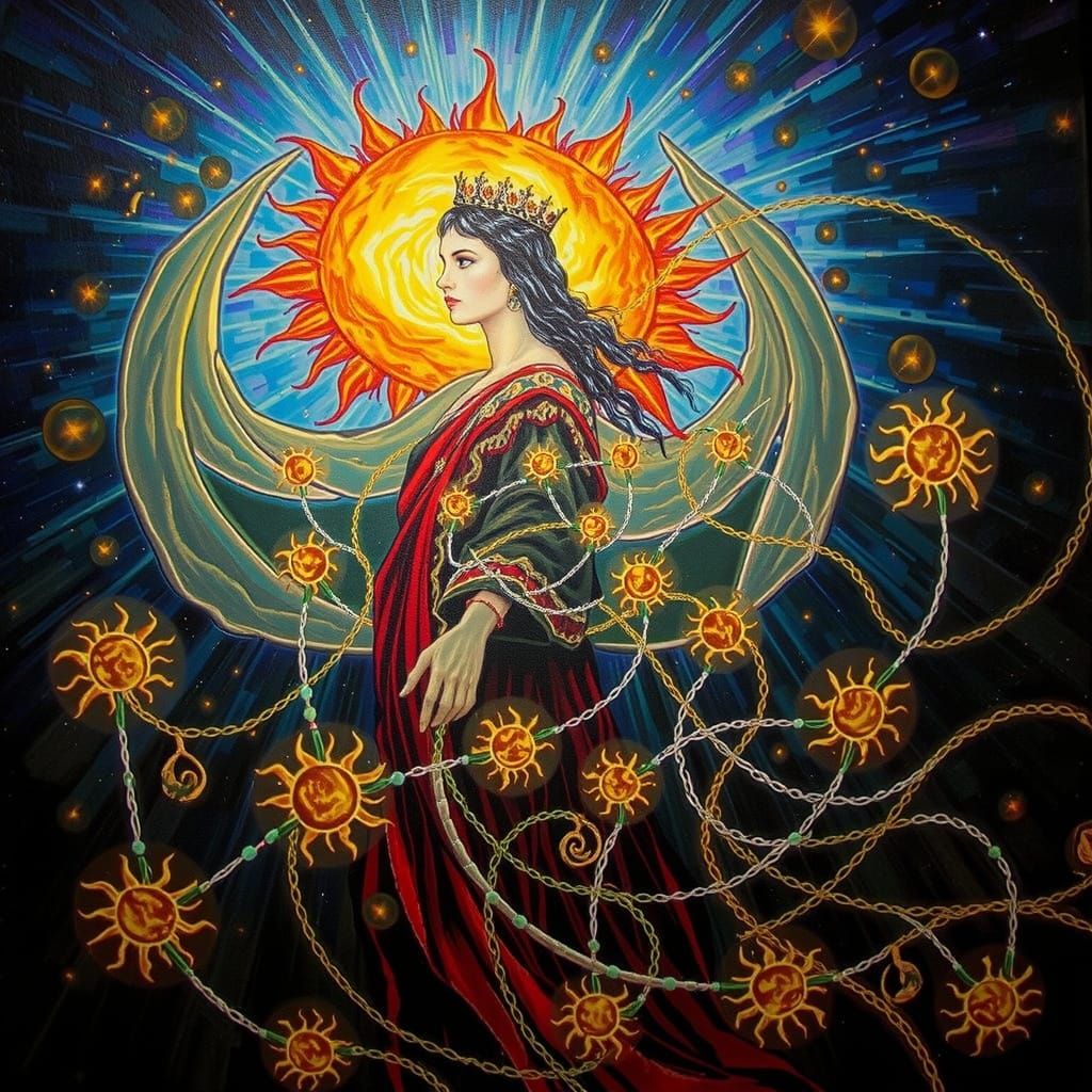 Serene Goddess of Light and Shadow with Floating Orbs