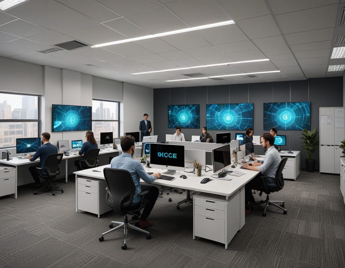 Dystopian Future Office with Virtual Hologram Colleagues