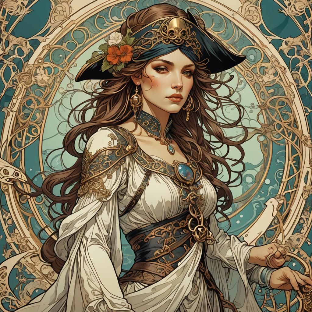 Art Nouveau Female Pirate Illustration