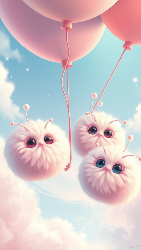 Pastel Fluffballs Ascend with Helium Balloons