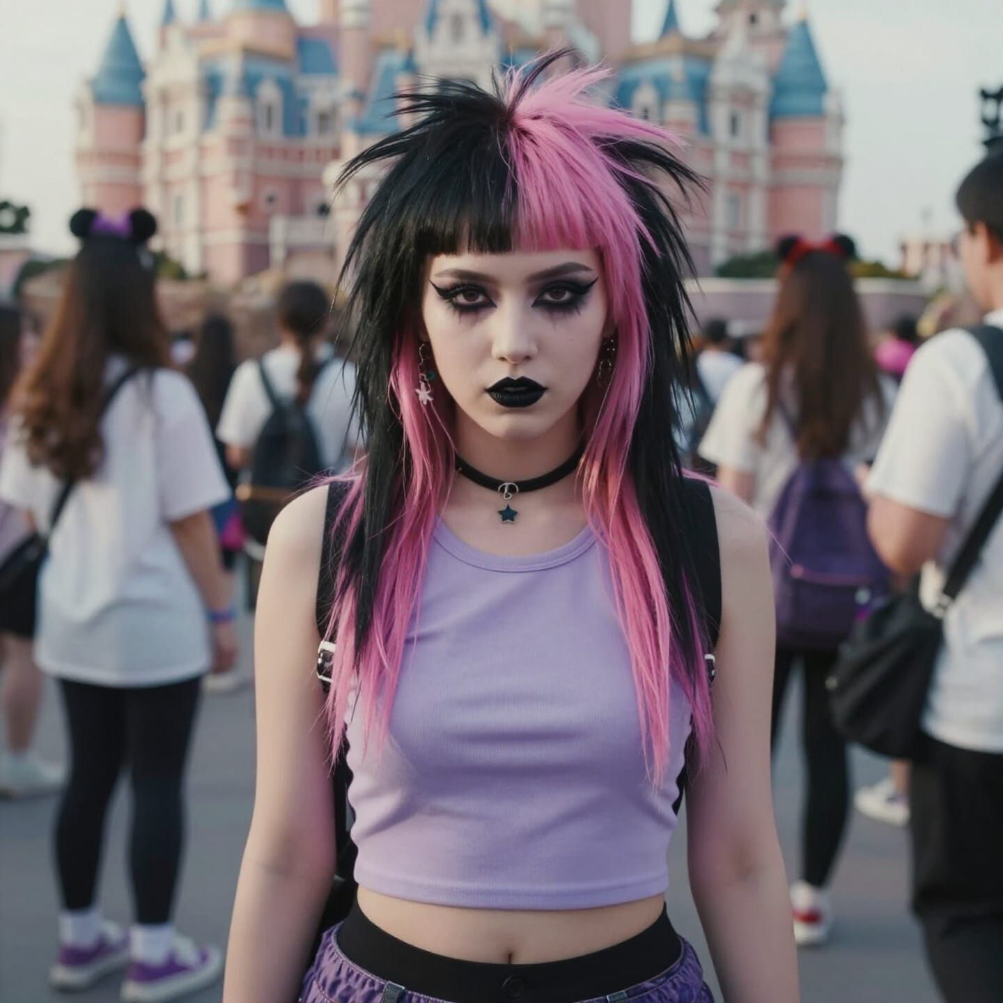 Punk Girl with Pink Hair at Disneyland in Cinematic Style