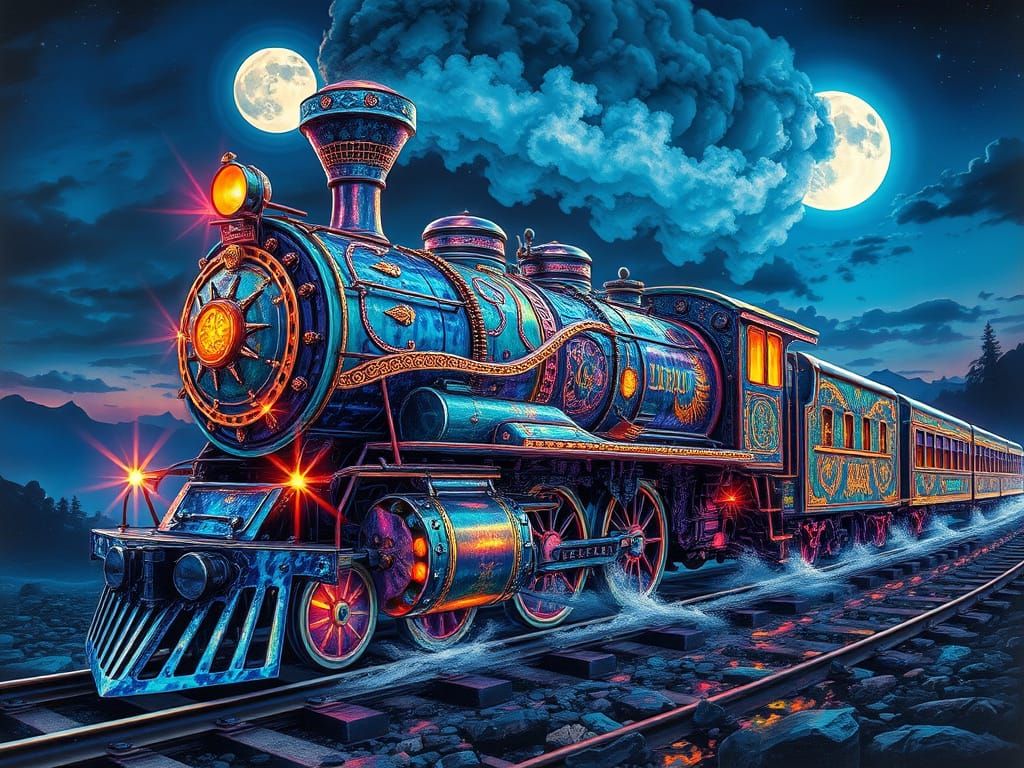 Moonlit Train of Shattered Glass and Mystical Gears