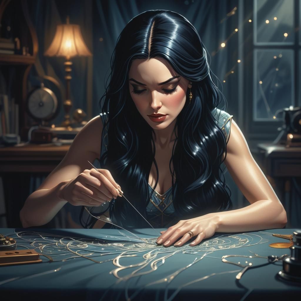 Woman Sewing: Comic Book Art in Stylized Realism