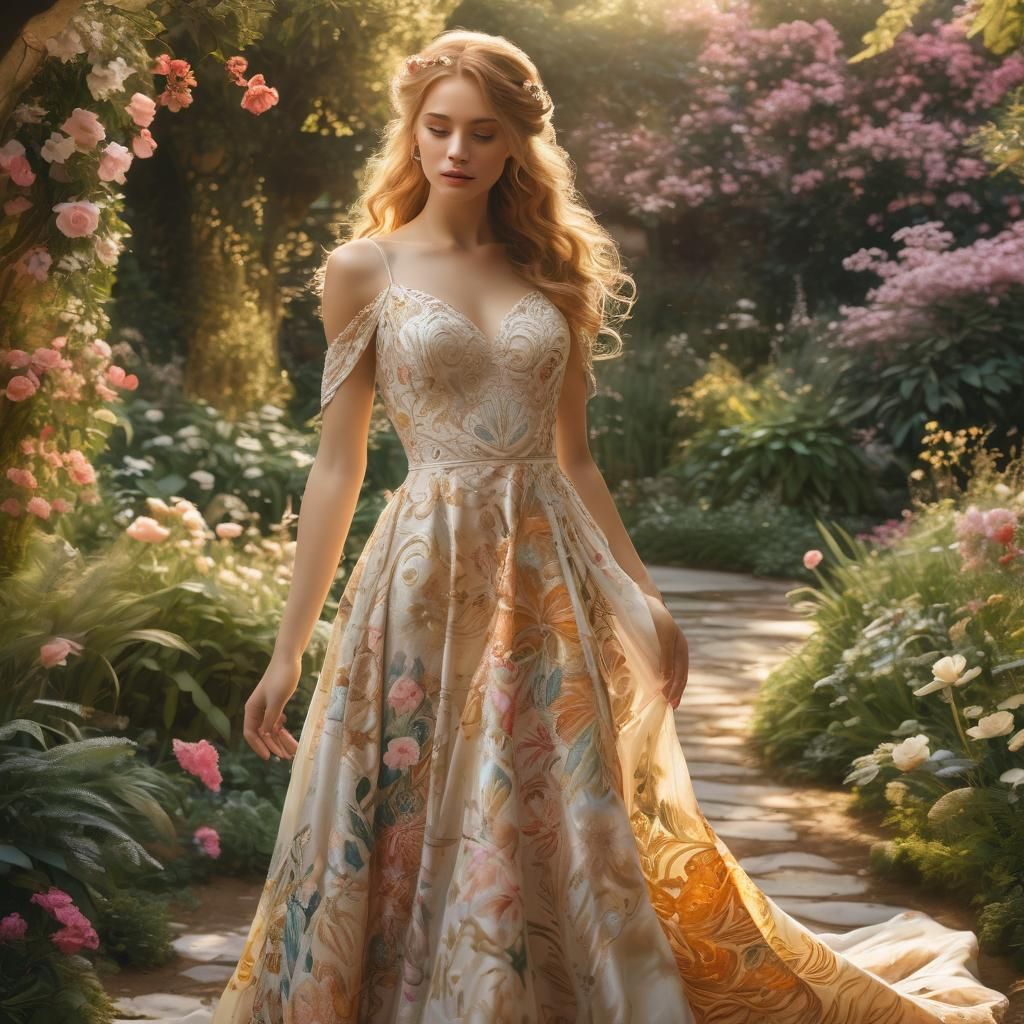 Bride in Vibrant Gown in Lush Garden