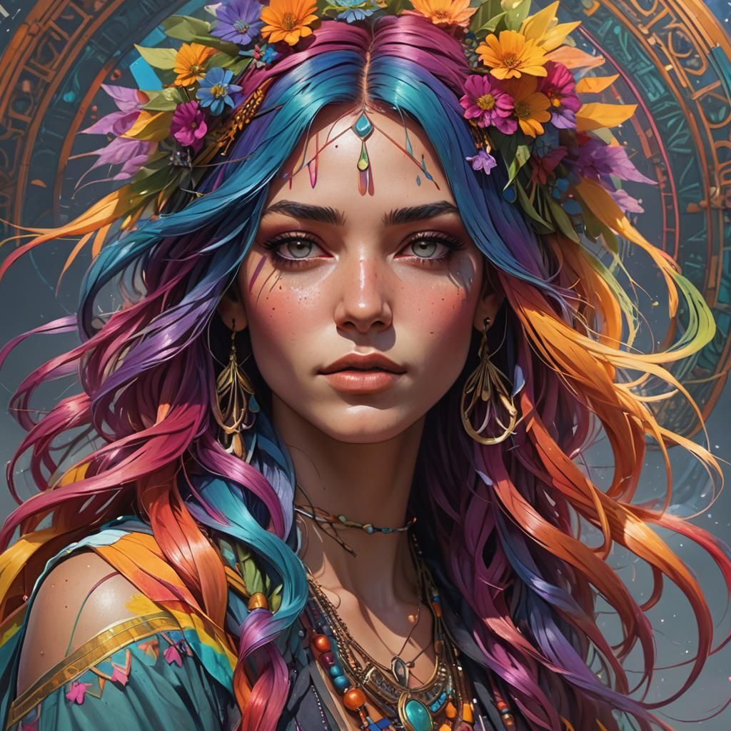 Rainbow Hair Portrait in Art Nouveau Style