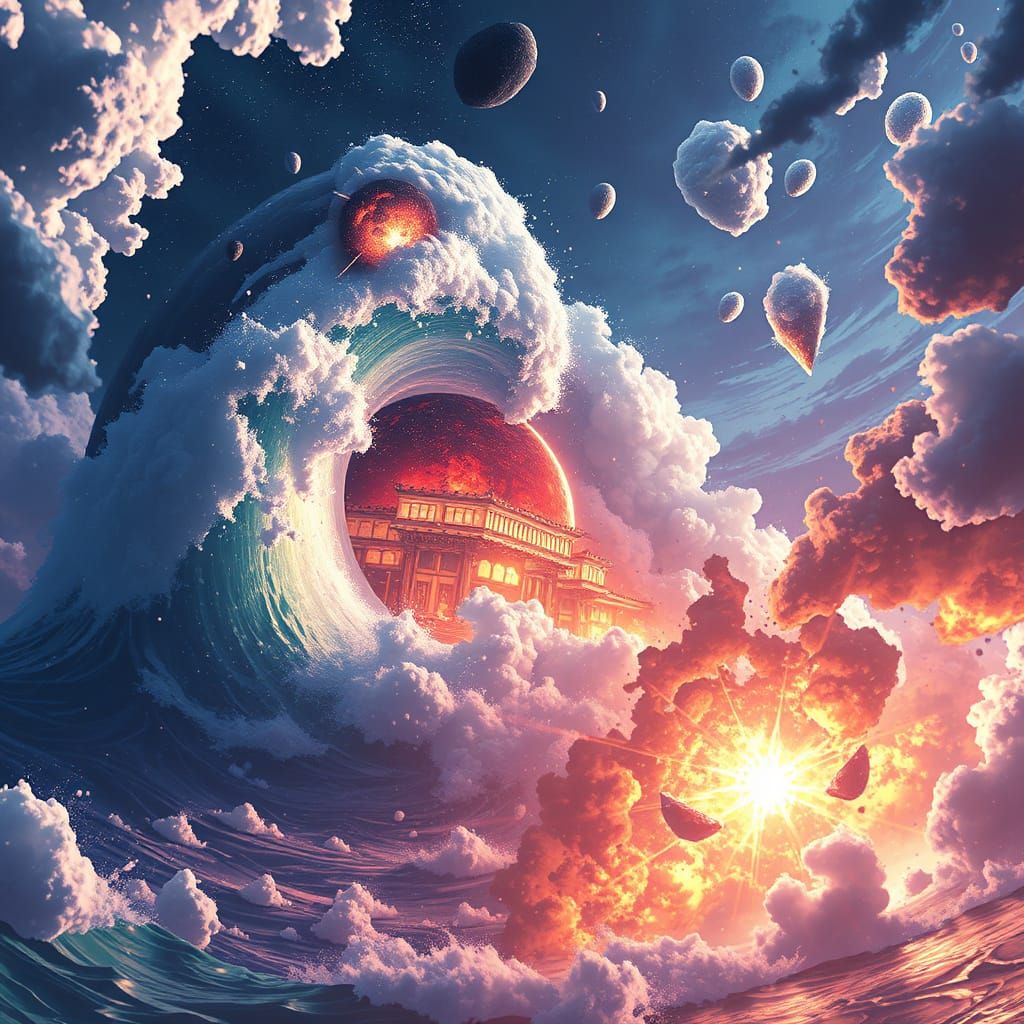 Anime-Style Disaster: Coastal City Devastated by Tsunami