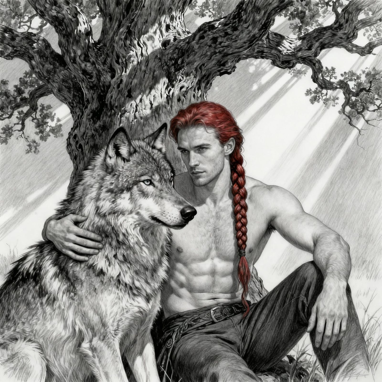 Irish Man and Wolf Under Oak Tree