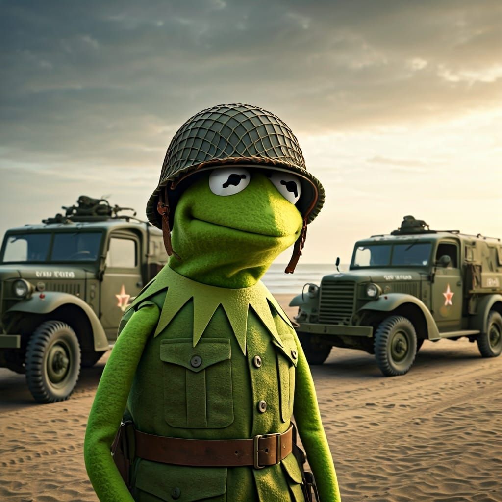 Kermit the Frog on Normandy Beach After D-Day