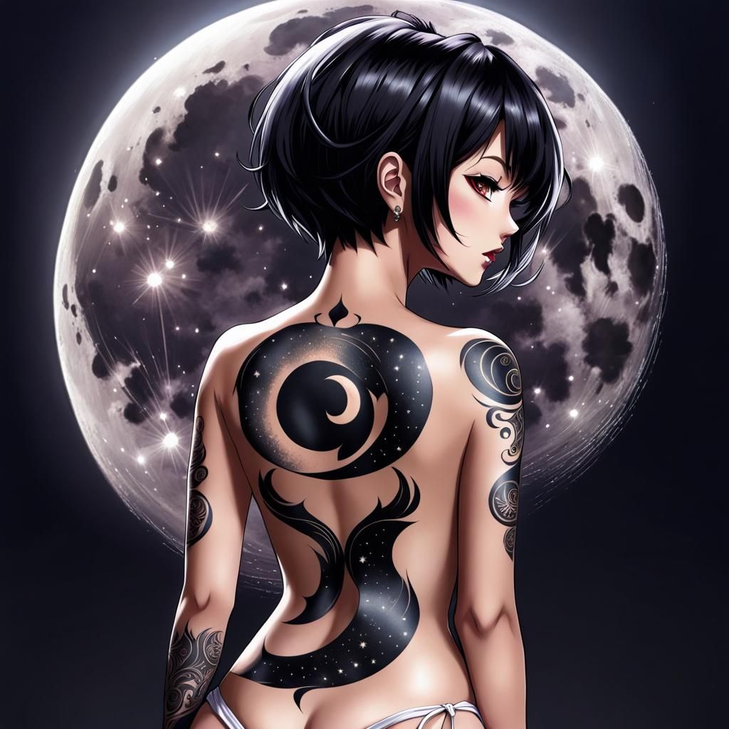 Anime Woman with Crescent Moon Tattoo