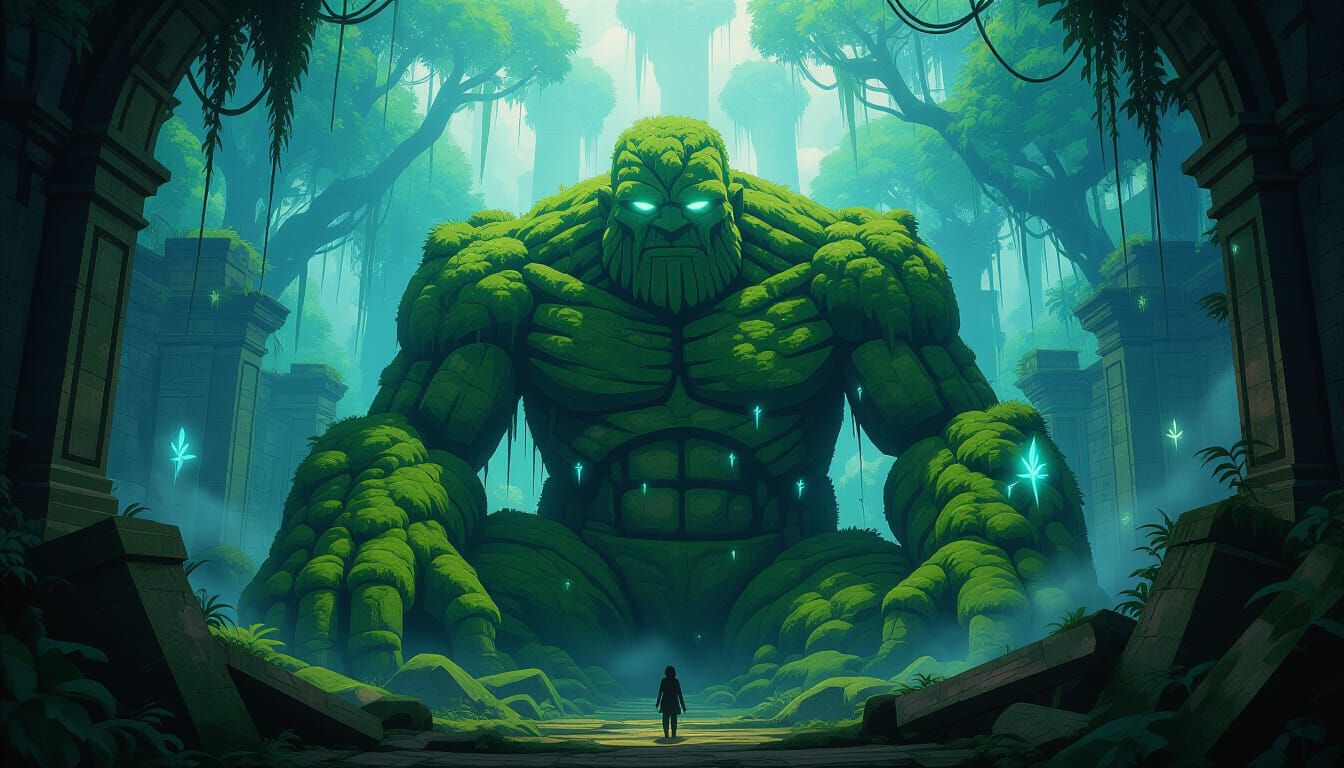 Mossy Stone Golem Sleeps in Bioluminescent Jungle Ruins