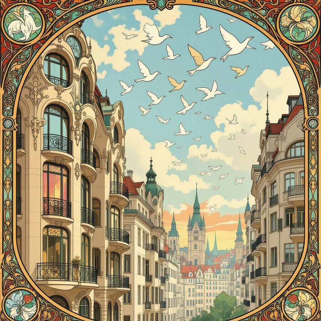 Art Nouveau Cityscape with Organic Buildings and Paper Birds