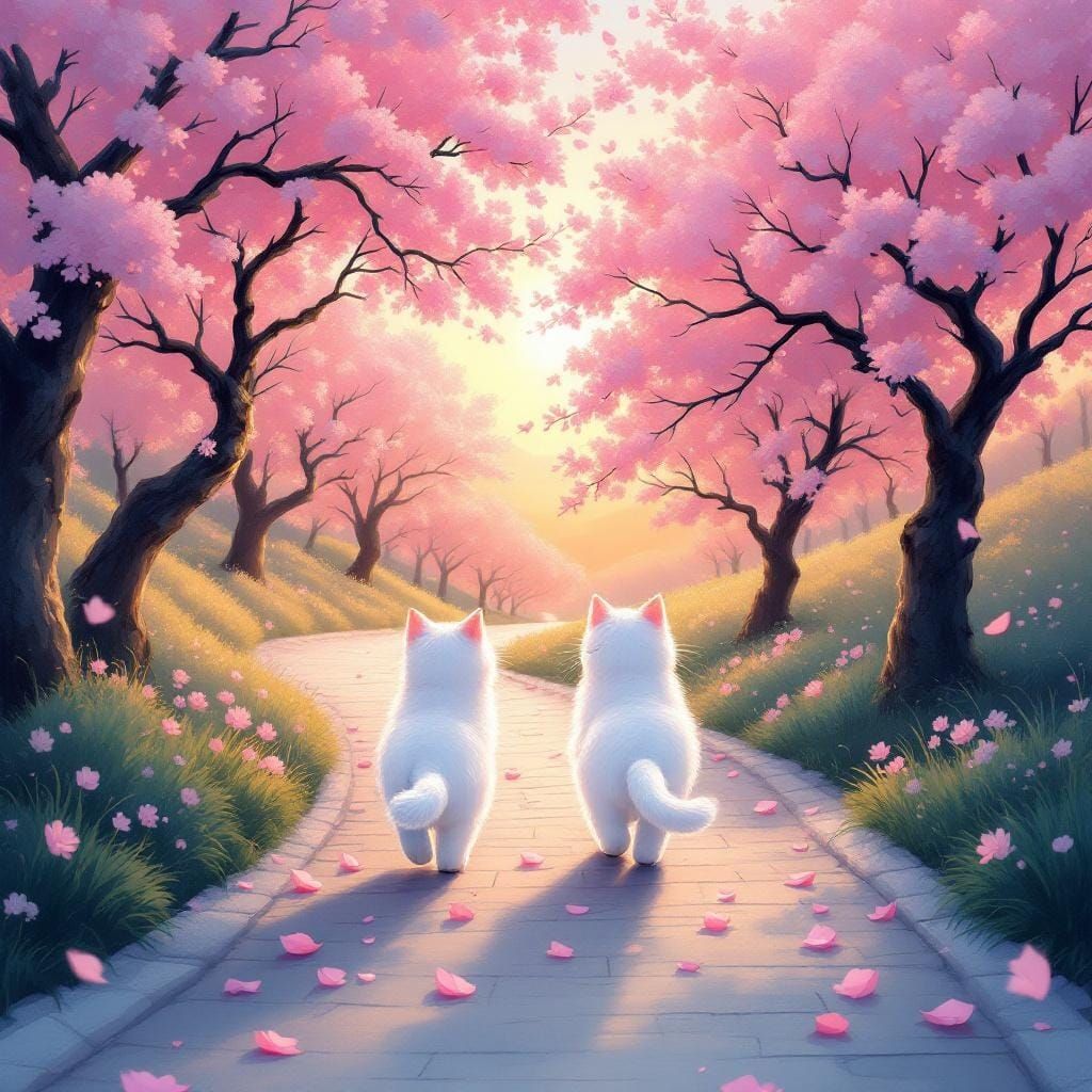 Cats in Cherry Blossom Garden, Murakami-Inspired