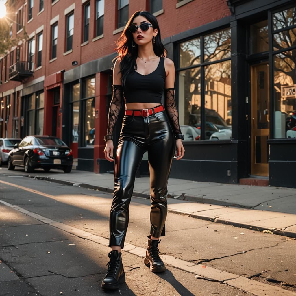 Hyper-Realistic Woman in Latex Walking City Street
