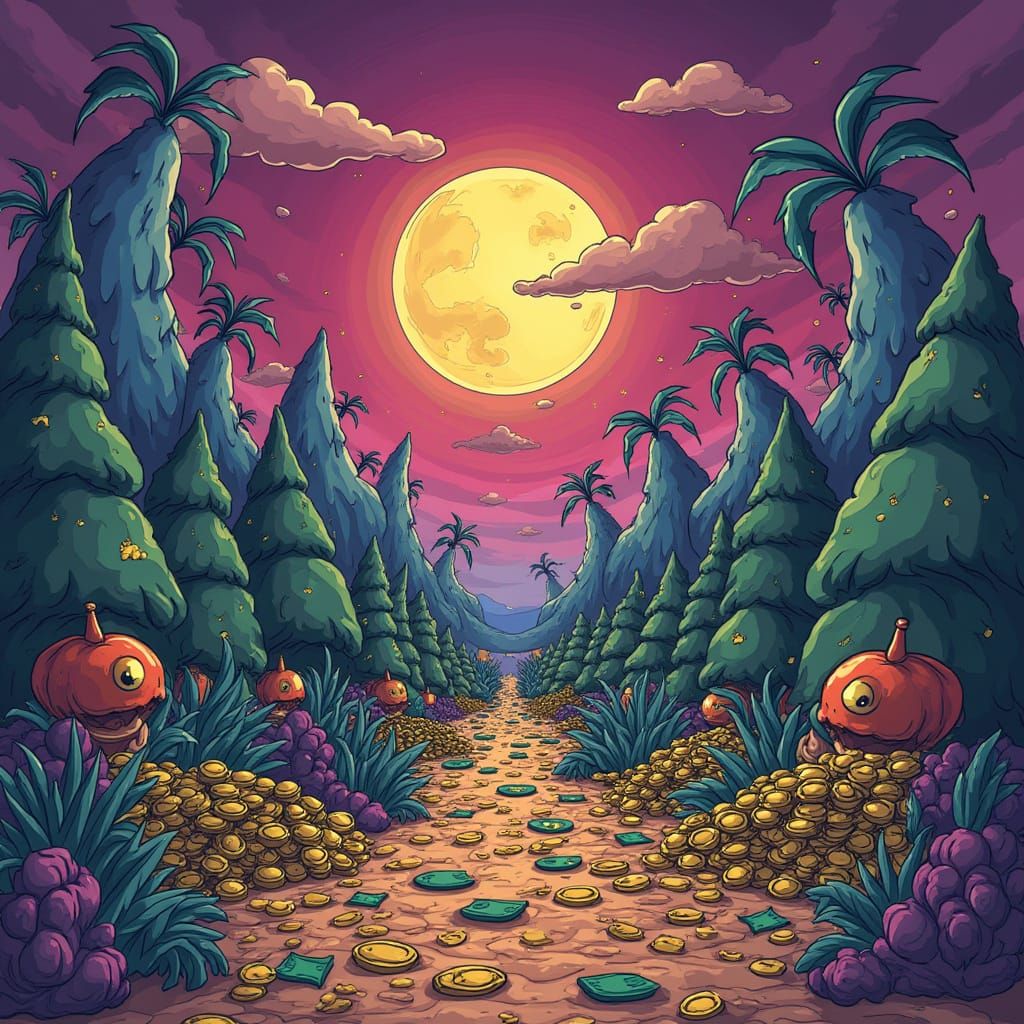 Psychedelic Cartoon Explosion of Wealth and Fortune