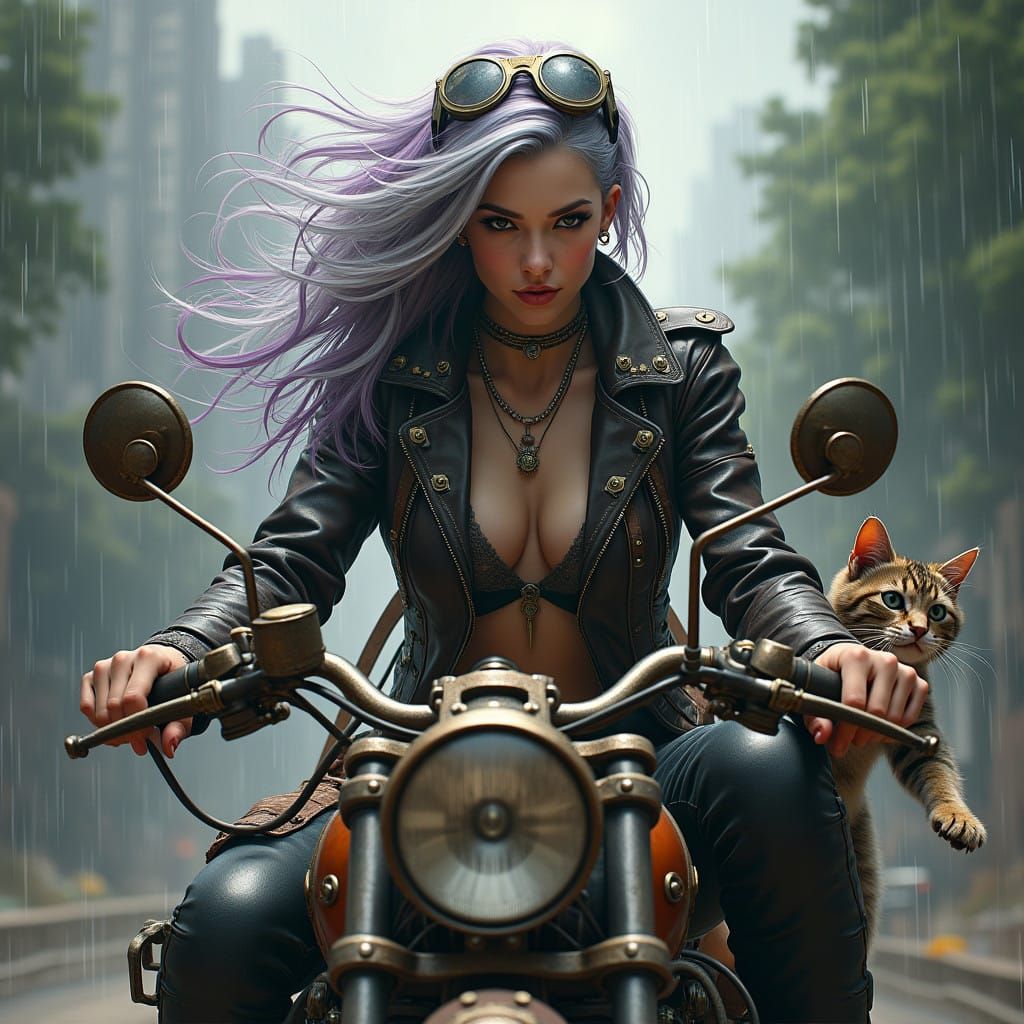 Close up masterpiece shot of steampunk-styled leather jacket...