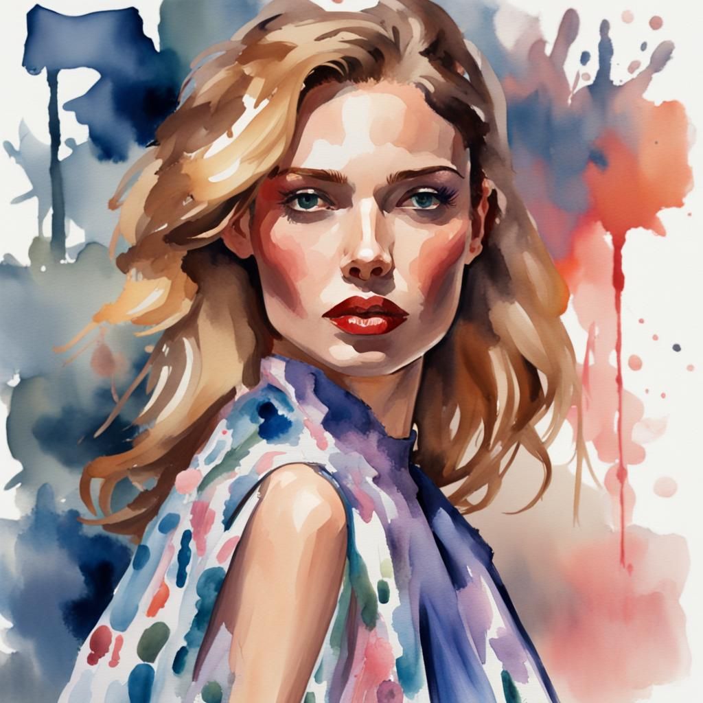 Vogue Model in Watercolour Dress, Gouache Style