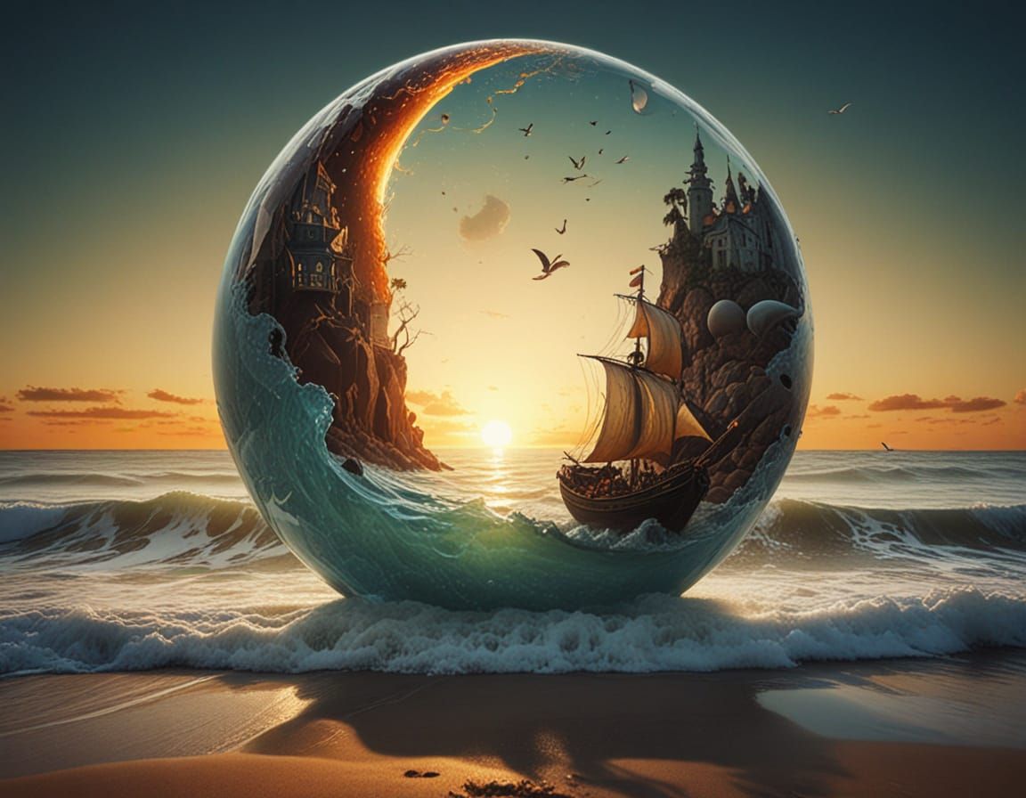 Surreal Beach Sunset with Water Splash and Lighthouse