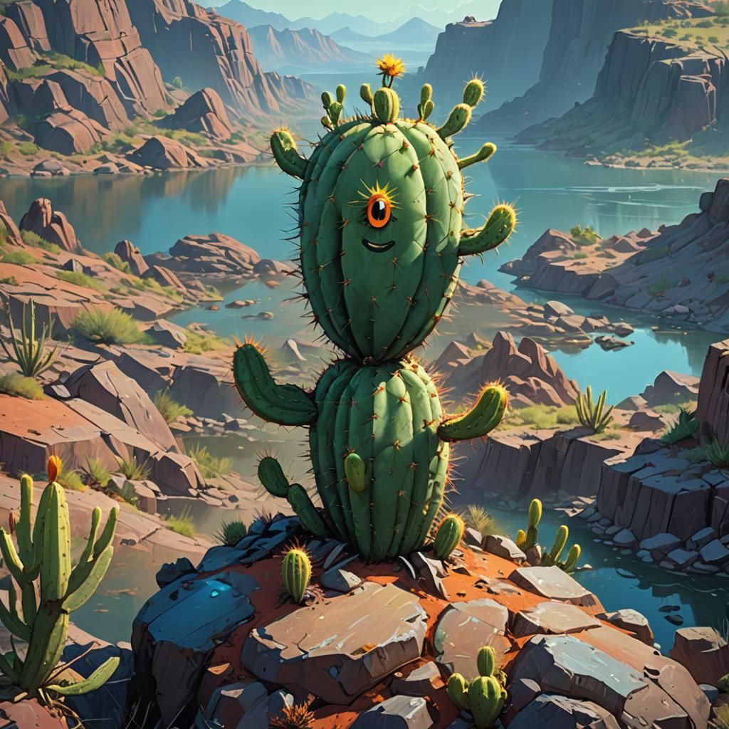 Smiling Cactus Concept Art in Fantasy Landscape