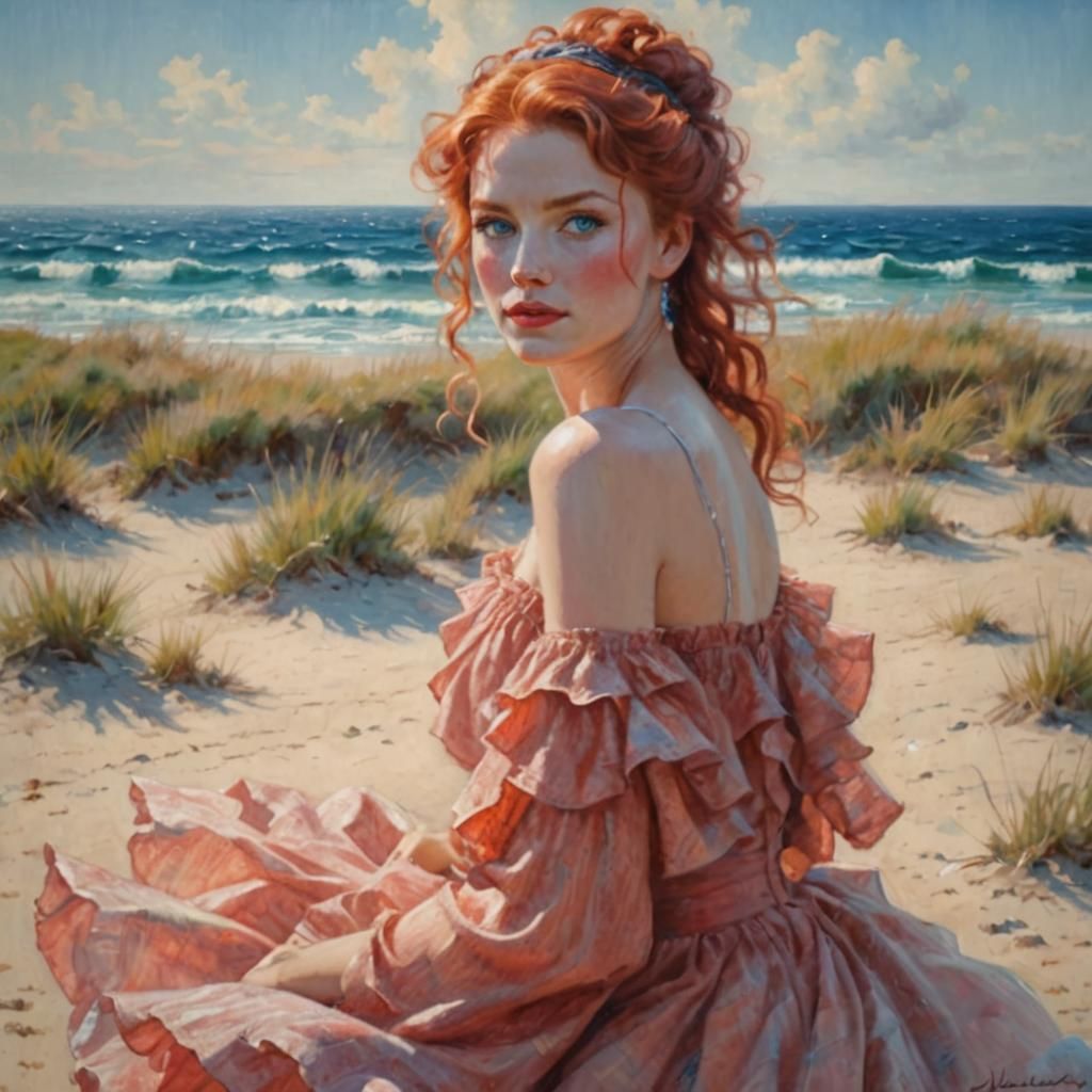 Red-Haired Woman on Beach in Neo-Impressionist Style