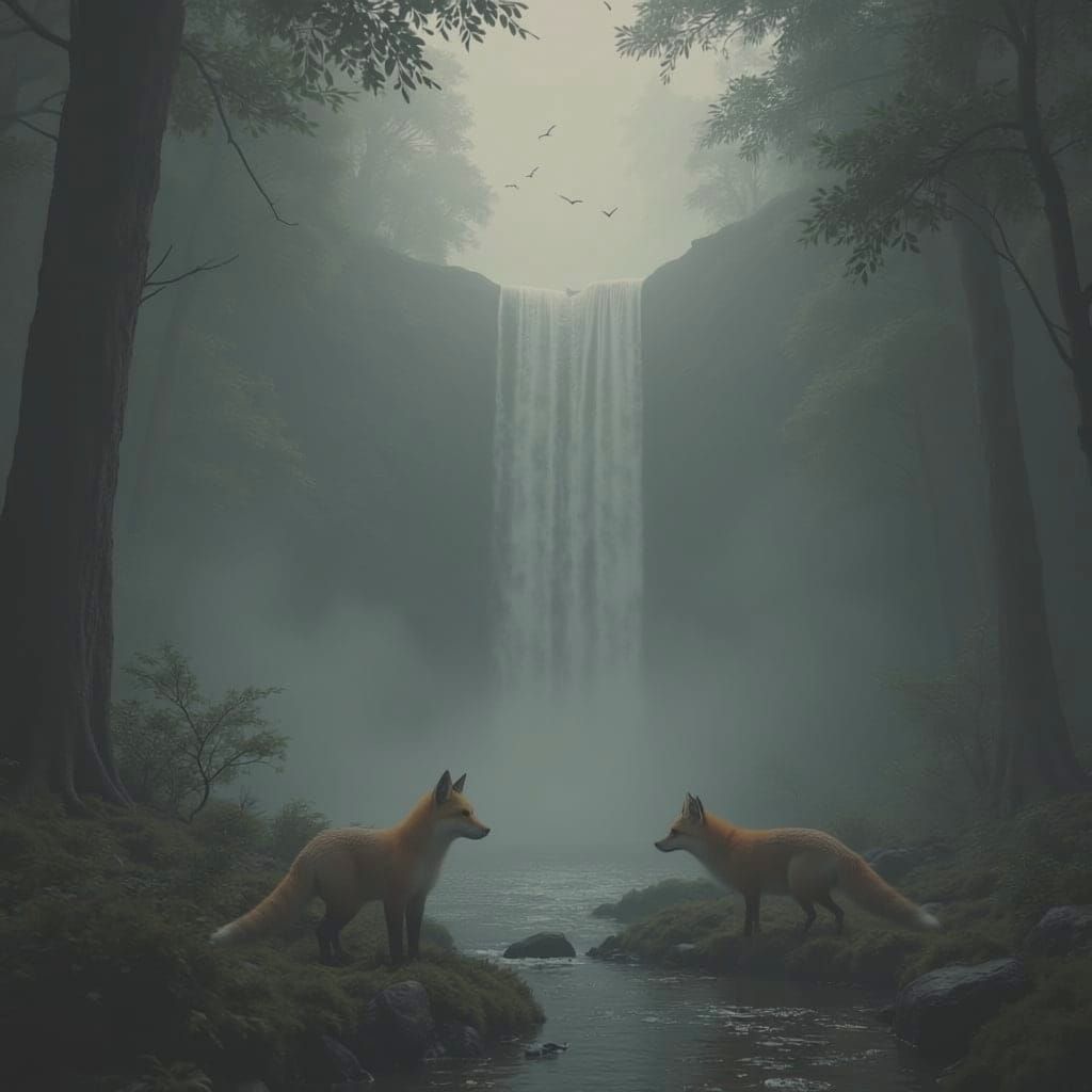 Majestic Forest Waterfall Scene with Foxes and Birds