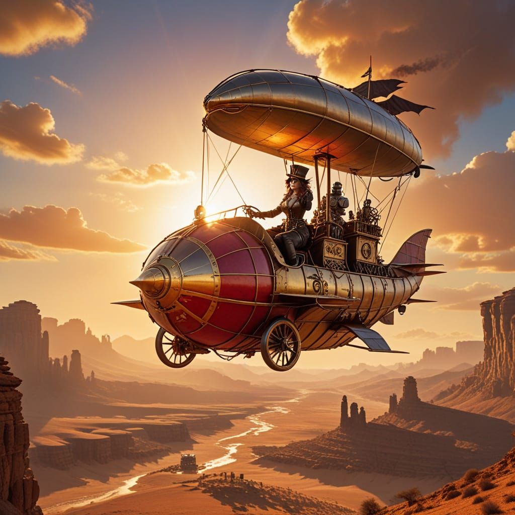 Steampunk Adventuress Navigates Airship Over Crimson Desert