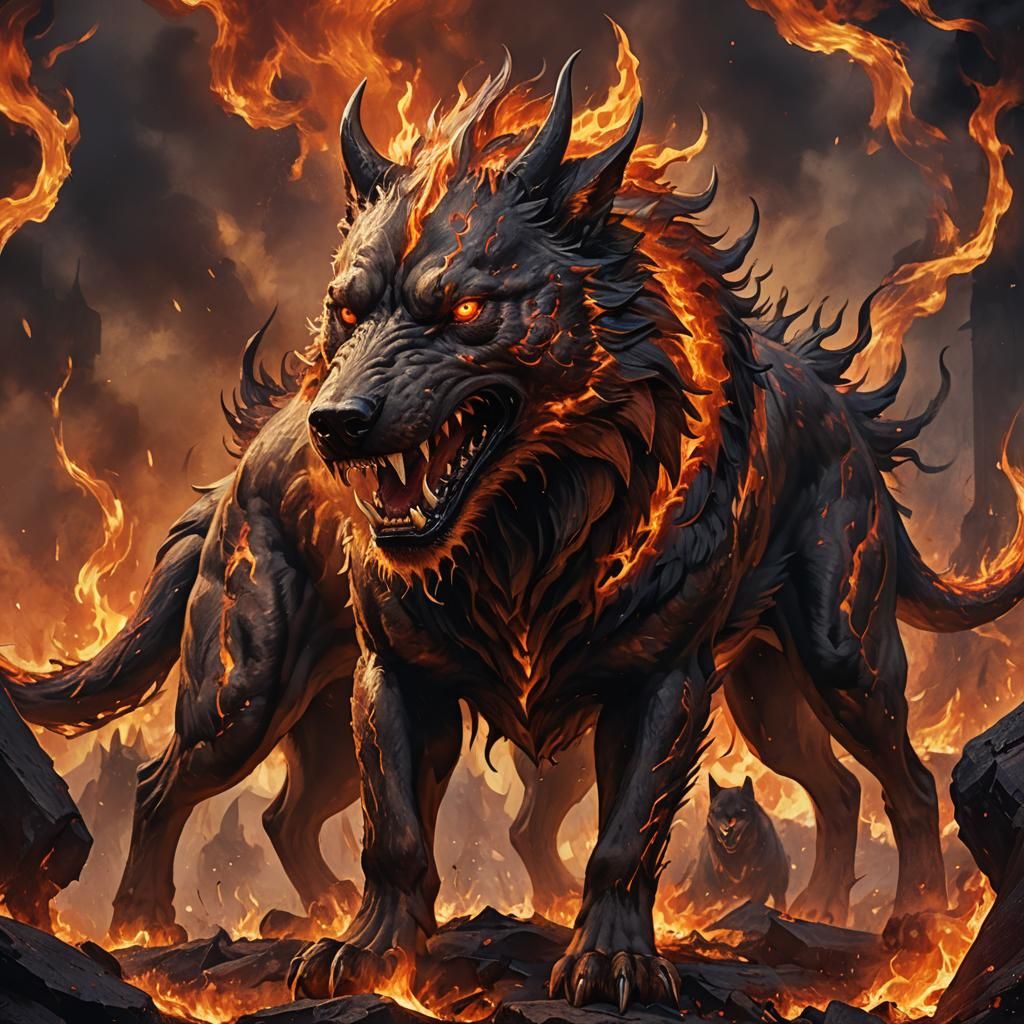 Majestic Three-Headed Hellhound Guardian in Fiery Inferno