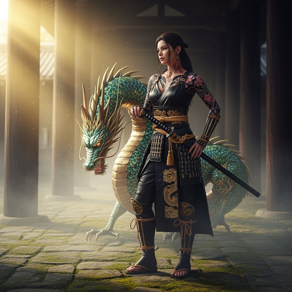 Japanese Warrior and Dragon in Misty Temple Courtyard