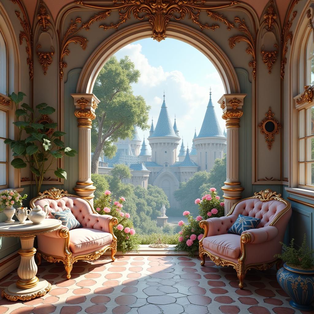 Rococo Tea Salon with Fantasy Garden in Matte Painting