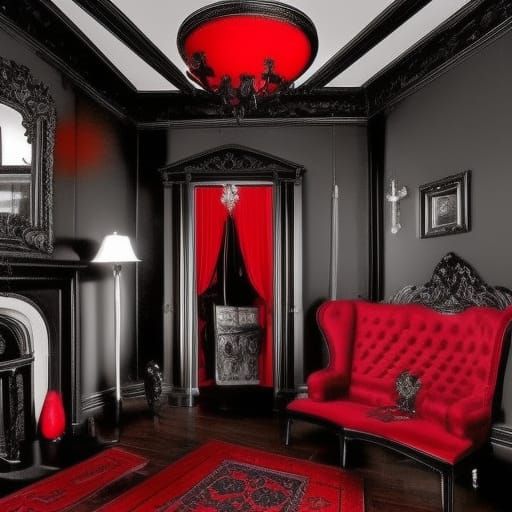 Gothic vampire themed penthouse with Black walls with red accents& Red Gothic furniture& Red Gothic rugs with black acce...