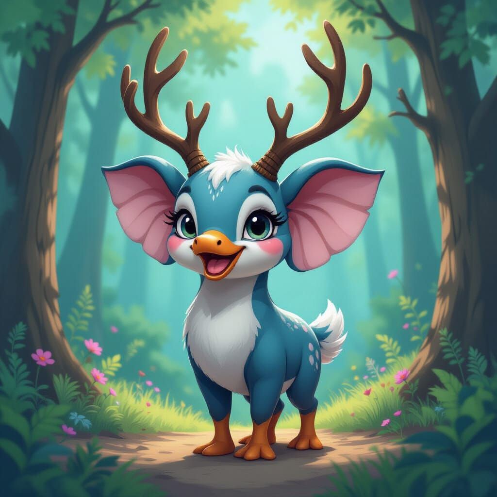 Mystical Hybrid Creature in Vibrant Whimsical Forest