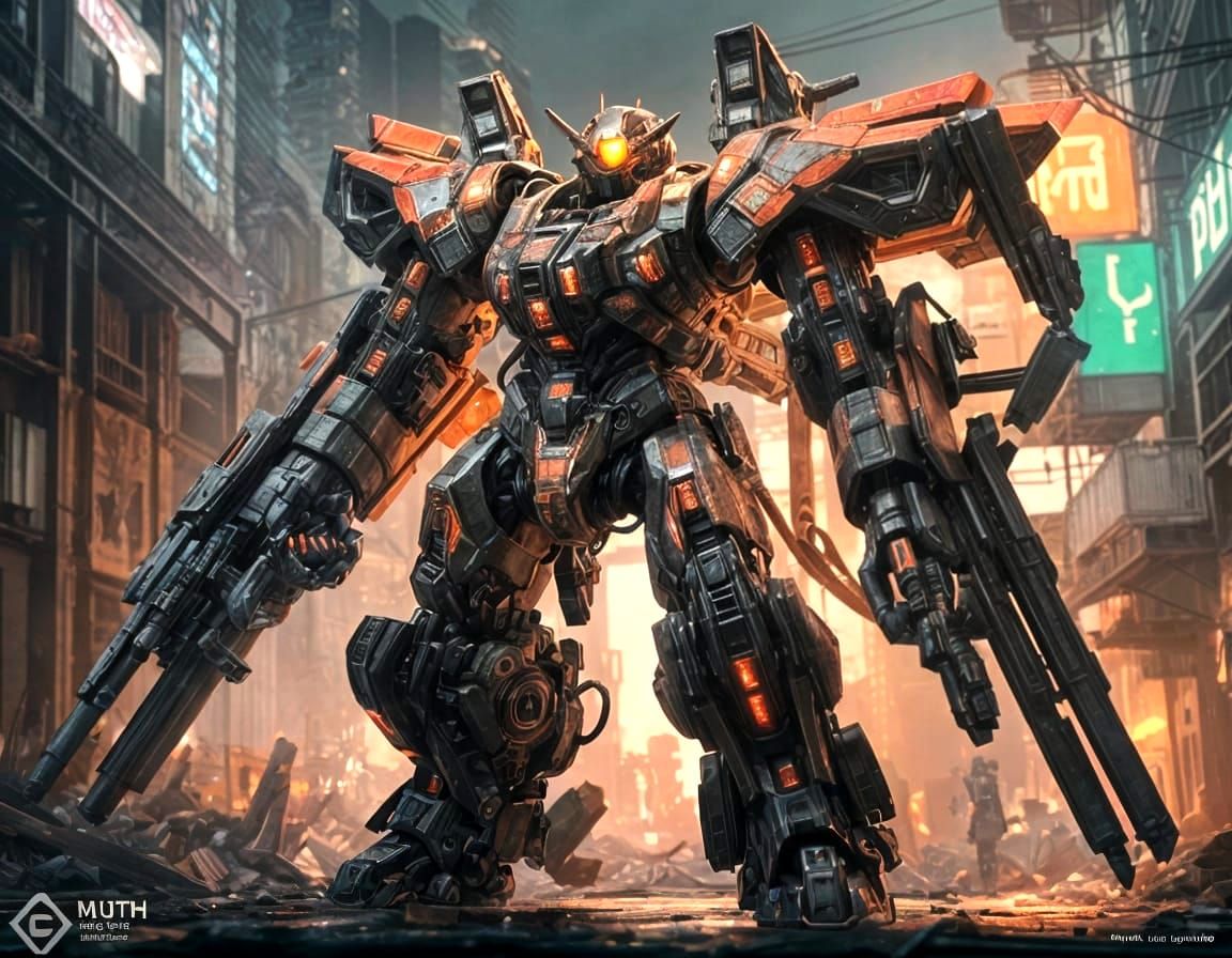 Armored Mech with Plasma Cannon in Ruined City