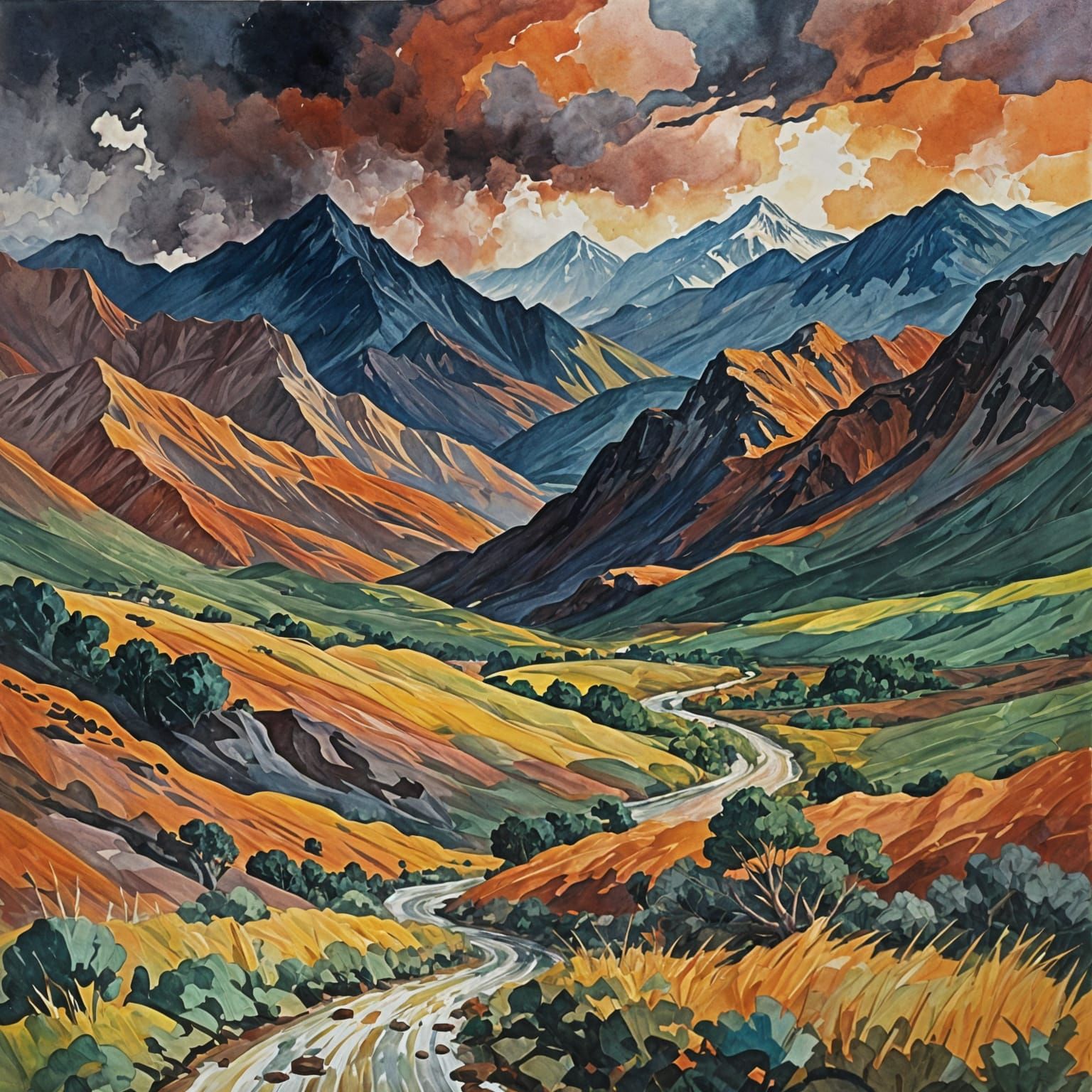 Angry Landscape in Gouache and Watercolor Style