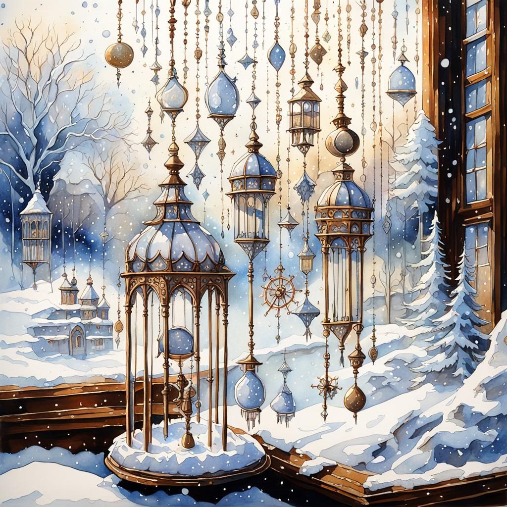 Steampunk Watercolor Wind Chimes in Snow