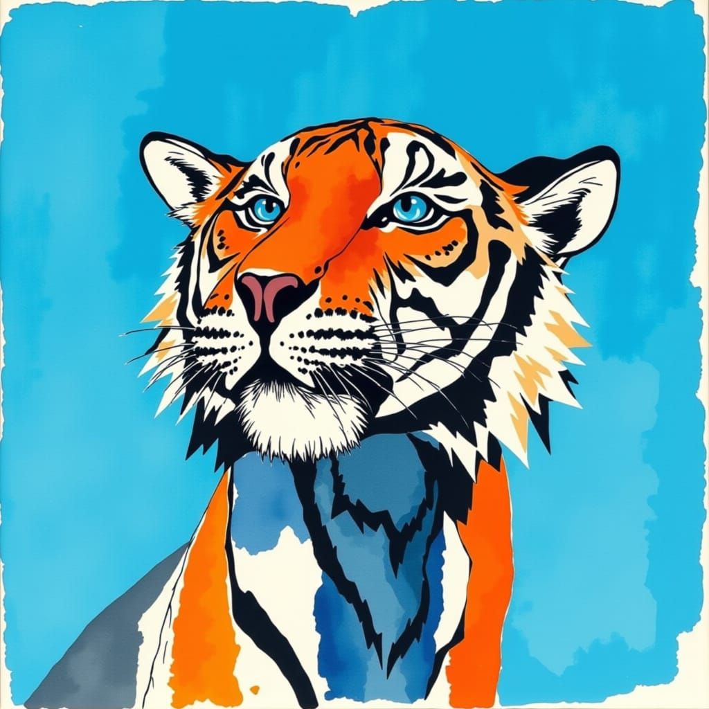Textured Tiger Face with Azure Sky Backdrop